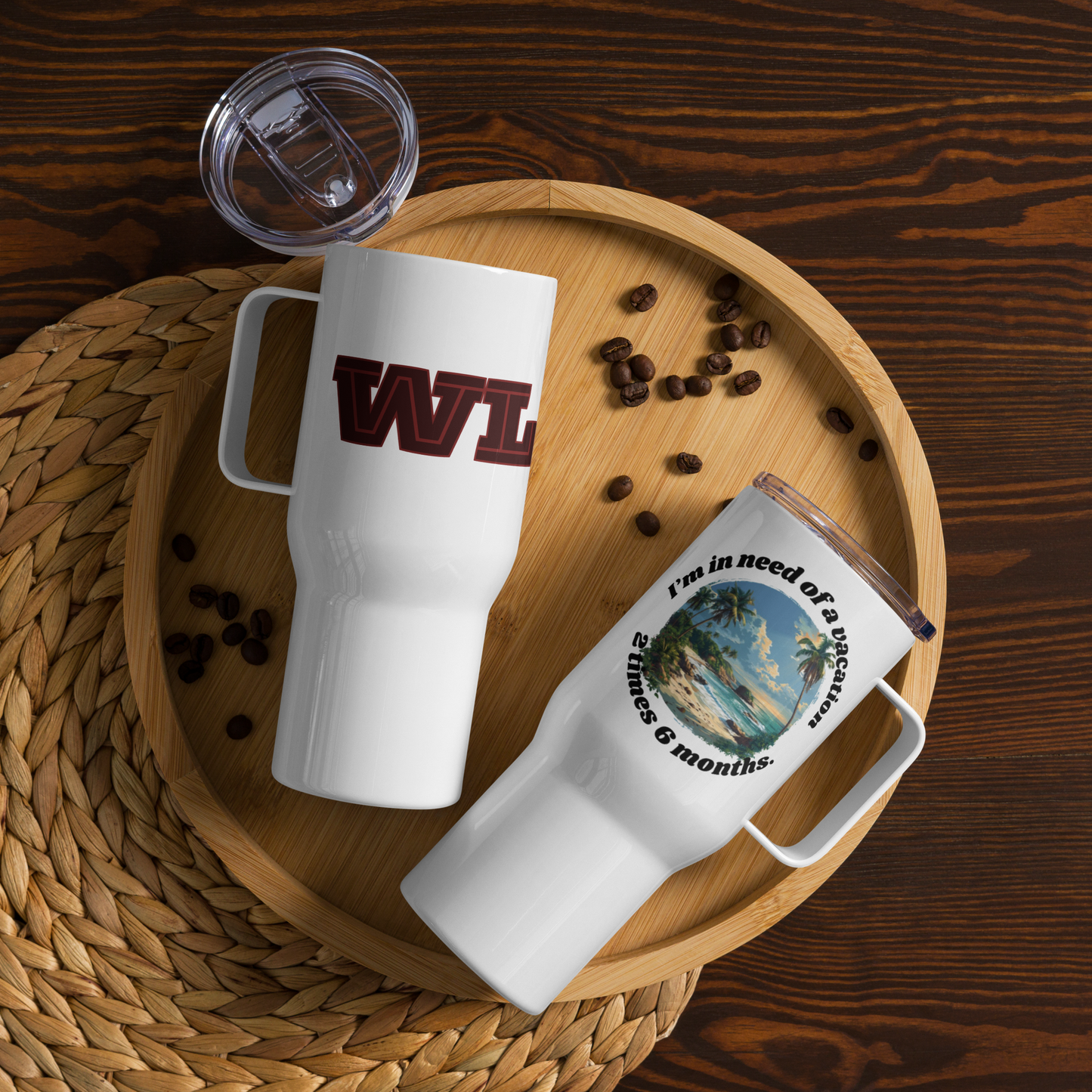 Travel mug with a handle Vacation EnglishSip in style and comfort with an elevated travel mug. With its sleek and durable design, you’ll love taking this mug wherever you go. It fits into most car cup holdeWolf-LuxWolf-Luxhandle Vacation English